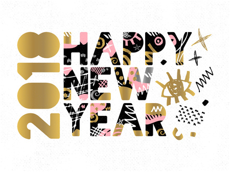 Happy New Year Lettering. Greeting card. Drawn vector elements. White background. Gold silver pink black art. Hand drawn vector design.のイラスト素材