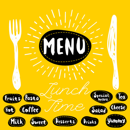 Menu fork, knife, lunch time. Lettering, calligraphy, sketch style, light rays, heart, pasta, vegan, tea, coffee, deserts, yummy, milk, salad, hand drawn vector illustration.のイラスト素材