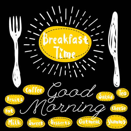 Breakfast time icon, fork, knife, good morning. Lettering, calligraphy icon, sketch style, light rays, heart, tea, coffee, deserts, yummy, milk, salad, oatmeal hand drawn vector illustration.のイラスト素材