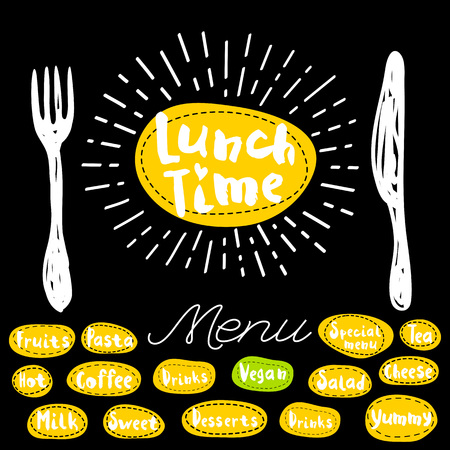 Lunch time, fork, knife, menu. Lettering, calligraphy, icon, sketch style, light rays, heart, pasta, vegan, tea, coffee, deserts, yummy, milk, salad hand drawn vector illustration.のイラスト素材