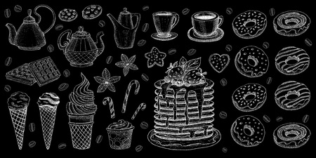 Bakery pastry sweets desserts objects collection shop cafe poster restaurant menu food. Scarpbook hand drawn vector design elements bakehouse cake donuts pancake sweets icons stickers labels.のイラスト素材