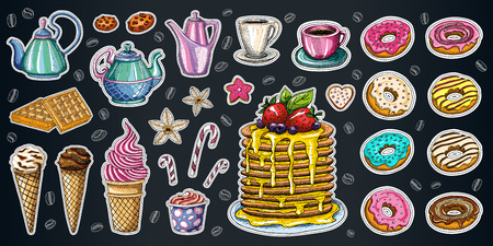 Bakery pastry sweets desserts objects collection shop cafe poster restaurant menu food. Scarpbook hand drawn vector design elements bakehouse cake donuts pancake sweets icons stickers labels.のイラスト素材