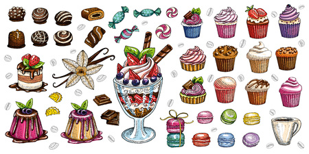 Bakery pastry sweets desserts objects collection shop cafe poster restaurant menu food. Scarpbook hand drawn vector design elements bakehouse cake chocolate vanilla sweets icons stickers labels.のイラスト素材