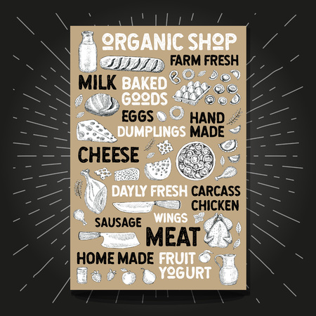Food poster drawing organic market farm fresh. Sketch milk bottle mug poultry bakery bread cheese split carcass chicken sausage milk basket eggs jug spice dumplings meat fruit yogurtのイラスト素材