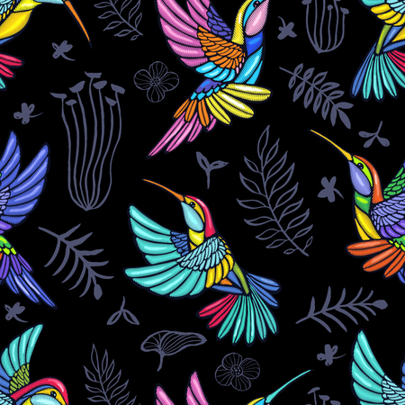 Embroidery patch seamless pattern Hummingbird, palm tree leaves, flowers tropical art. Fashionable embroidery tropical summer background. Template design clothes, t shirt. Hand drawn vector.のイラスト素材