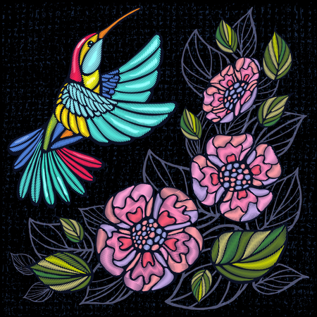 Embroidery Hummingbird, palm tree leaves, flowers tropical art patch. Fashionable embroidery tropical summer background. Template design clothes, t shirt. Hand drawn vector.のイラスト素材
