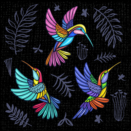 Embroidery Hummingbird, palm tree leaves, flowers tropical art patch. Fashionable embroidery tropical summer background. Template design clothes, t shirt. Hand drawn vector.のイラスト素材