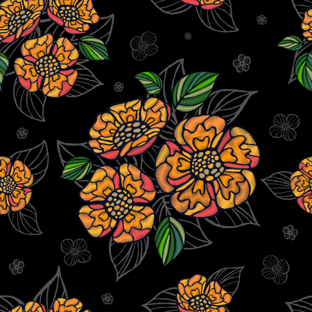Embroidery patch seamless pattern tree leaves, flowers tropical art. Fashionable embroidery tropical summer background. Template design clothes, t shirt. Hand drawn vector.のイラスト素材