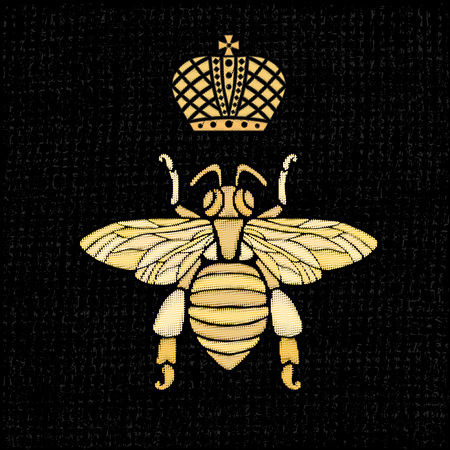 Golden embroidery patch bee crown bumblebee wasp Insect embroidery gold Fashion t shirt  Hand drawn vector illustrationのイラスト素材