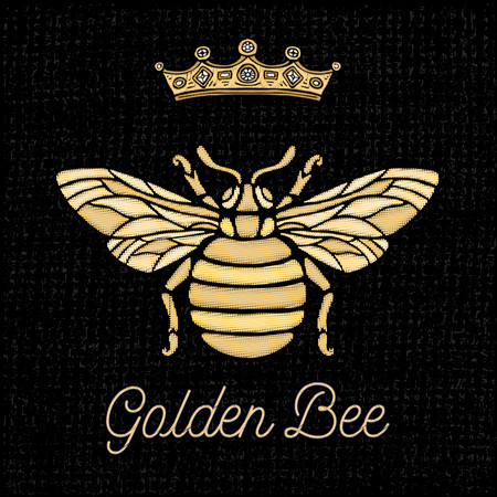 Golden embroidery patch bee crown bumblebee wasp Insect embroidery gold Fashion t shirt  Hand drawn vector illustrationのイラスト素材