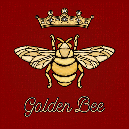 Golden embroidery bee crown patch wasp Insect embroidery gold Fashion t shirt  Hand drawn vector illustrationのイラスト素材