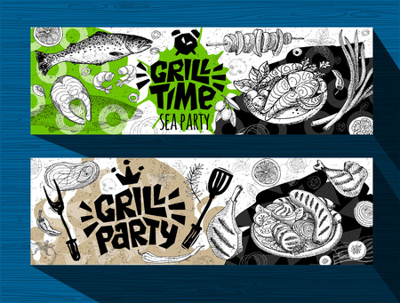 Barbecue banner posters grilled food, sausages, chicken, french fries, steaks, fish, grill BBQ party. Set trendy sketch style cards typography chalkboard. Hand drawn vector illustration.のイラスト素材