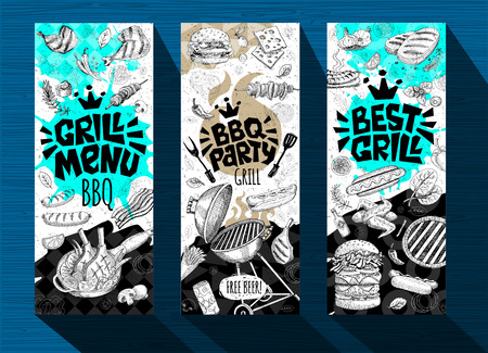 Barbecue banner posters grilled food, sausages, chicken, french fries, steaks, fish, grill BBQ party. Set trendy sketch style cards typography chalkboard. Hand drawn vector illustration.のイラスト素材