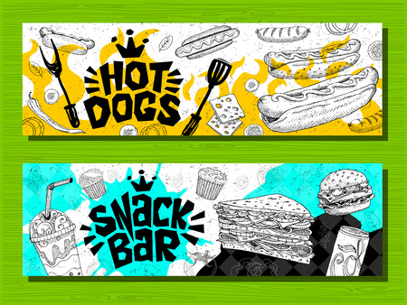 Fast food colorful modern banners set labels. Fast food. French fries. donuts. Hot dog, hamburger, coffee, wings, nuggets, tacos. Bright cool food sketches composition. Hand drawn vector illustration.のイラスト素材
