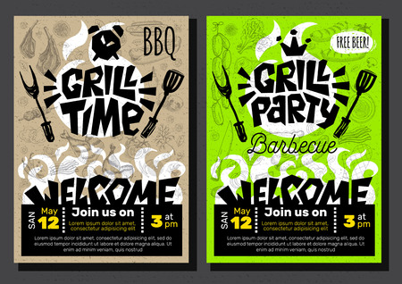 Grill Party Time BBQ food poster. Grilled food, meat fish vegetables grill appliance fork knife chicken shrimps lemon spice. Hand drawn vector illustration.のイラスト素材