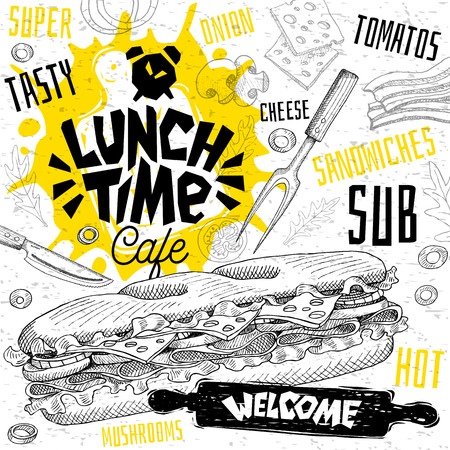 Lunch time cafe restaurant menu. Vector sub sandwiches fast food flyer cards for bar cafe. Design template, logo, emblem, sign, crown, welcome vintage hand drawn vector illustrations.のイラスト素材
