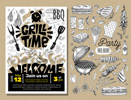 Grill Time Party BBQ food poster. Grilled food, meat fish vegetables grill appliance fork knife chicken shrimps lemon spice. Hand drawn vector illustration.のイラスト素材