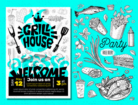 Grill House Party BBQ food poster. Grilled food, meat fish vegetables grill appliance fork knife chicken shrimps lemon spice. Hand drawn vector illustration.のイラスト素材