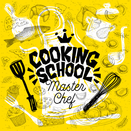 Sketch style master chef cooking school lettering. Sign, logo, emblem. Pan, pot, knife, fork apron pie fish croissant,cupcake cake trout spices. Hand drawn vector illustration.のイラスト素材