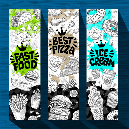 Fast food colorful modern banners set labels. Fast food. Best pizza. Ice cream. Hot dog, hamburger, coffee, donuts, nuggets, tacosのイラスト素材