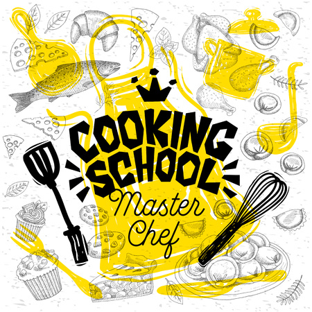 Sketch style master chef cooking school lettering. Sign, logo, emblem. Pan, pot, knife, fork, apron, pie, fish croissant cupcake cake troui spices. Hand drawn vector illustrationのイラスト素材