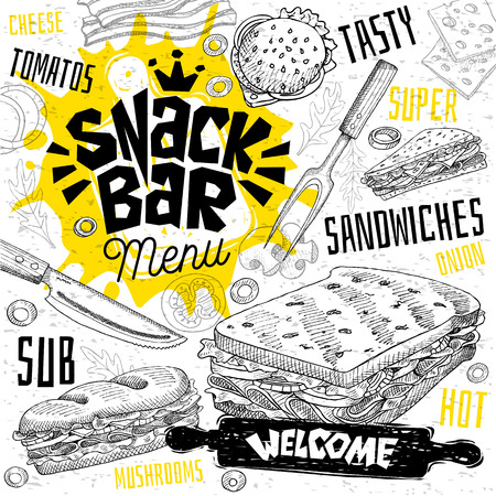 Snack bar cafe restaurant menu. Vector sub sandwiches fast food flyer cards for bar cafe. Design template, logo, emblem, sign, crown, welcome vintage hand drawn vector illustrations.のイラスト素材