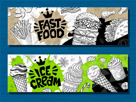 Fast food colorful modern banners set labels. Fast food. Ice cream. donuts. Hot dog, hamburger, coffee, wings, nuggets, tacos. Bright cool food sketches composition. Hand drawn vector illustration.のイラスト素材