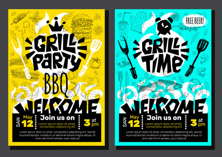 Grill Party Time BBQ food poster. Grilled food, meat fish vegetables grill appliance fork knife chicken shrimps lemon spice. Hand drawn vector illustration.のイラスト素材