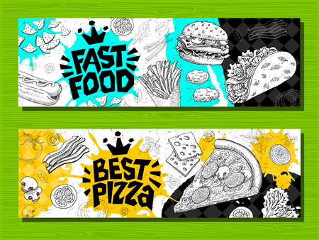 Fast food colorful modern banners set labels. Fast food. Best Pizza. bacon. Hot dog, hamburger, coffee, wings, nuggets, tacos. Bright cool food sketches composition. Hand drawn vector illustration.のイラスト素材