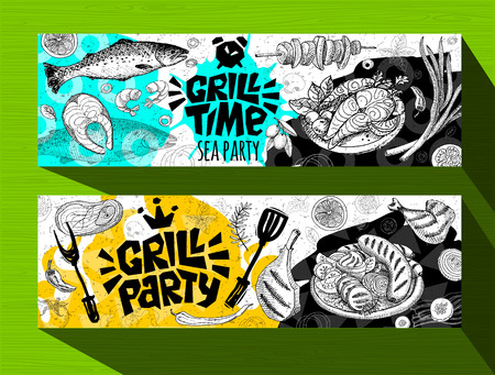 Barbecue banner posters grilled food, sausages, chicken, french fries, steaks, fish, grill menu BBQ party. Set trendy sketch style cards typography chalkboard. Hand drawn vector illustration.のイラスト素材