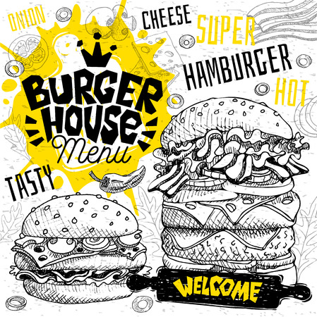 Burger house cafe restaurant menu. Vector sub sandwiches fast food flyer cards for bar cafe. Design template, logo, emblem, sign, crown, welcome vintage hand drawn vector illustrations.のイラスト素材