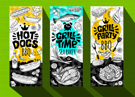 Barbecue banner posters grilled food, sausages, chicken, french fries, steaks, fish, grill BBQ party. Set trendy sketch style cards typography chalkboard. Hand drawn vector illustration.のイラスト素材