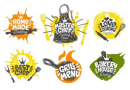 Sketch style cooking lettering icons set. For badges, labels, logo, bakery, street festival, farmers market, country fair, shop, kitchen classes cafe food studio. Hand drawn vector illustration.のイラスト素材