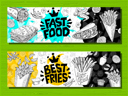 Fast food colorful modern banners set labels. Fast food. French fries. donuts. Hot dog, hamburger, coffee, wings, nuggets, tacos. Bright cool food sketches composition. Hand drawn vector illustration.のイラスト素材