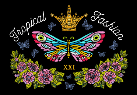 Golden crown, butterflies colorful embroidery, vintage style flowers, flight insect butterflies, wings textured, stripe. Princess lettering, fashion floral elements. Hand drawn vector illustration.のイラスト素材