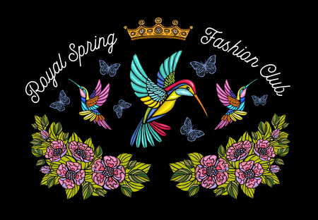 Hummingbirds butterflies crown flowers embroidery patch. Humming Bird floral leaf wings Insect embroidery. Hand drawn vector illustrationのイラスト素材