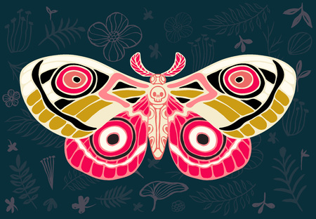 Night tropical moths hawkmoth on floral background, butterfly vector insect, vintage style, wings, flowers, skull, leaves. Hand drawn vector illustrationのイラスト素材