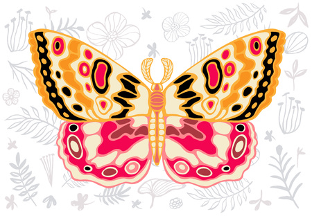 Night tropical moths hawkmoth on floral background, butterfly vector insect, vintage style, wings, flowers, skull, leaves. Hand drawn vector illustrationのイラスト素材