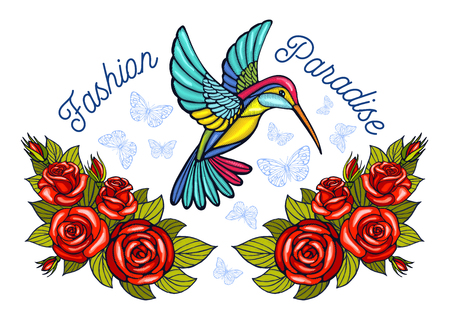 Hummingbirds butterflies crown roses embroidery patch fashion paradise. Humming Bird floral leaf wings Insect embroidery. Hand drawn vector illustrationのイラスト素材