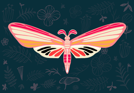 Night tropical moths on floral background, butterfly vector insect, vintage style, wings, flowers, leaves. Hand drawn vector illustrationのイラスト素材