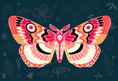 Night tropical moths hawkmoth on floral background, butterfly vector insect, vintage style, wings, flowers, skull, leaves. Hand drawn vector illustrationのイラスト素材