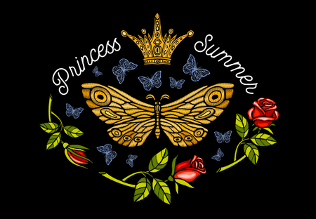 Golden crown, butterflies golden embroidery, vintage style roses, flight insect butterflies, wings textured, stripe. Princess Summer lettering, fashion design. Hand drawn vector illustration.のイラスト素材