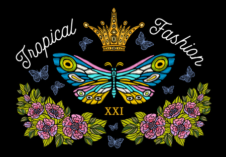 Golden crown, butterflies colorful embroidery, vintage style flowers, flight insect butterflies, wings textured, stripe. Tropical lettering, fashion floral elements. Hand drawn vector illustration.のイラスト素材