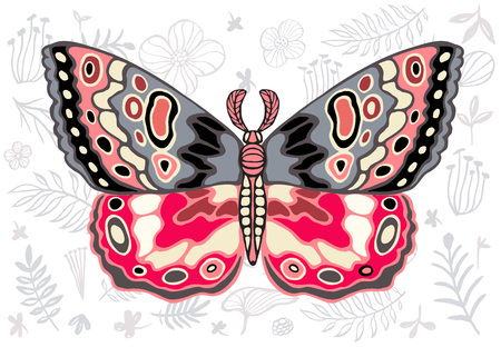 Night tropical moths hawkmoth on floral background, butterfly vector insect, vintage style, wings, flowers, skull, leaves. Hand drawn vector illustrationのイラスト素材