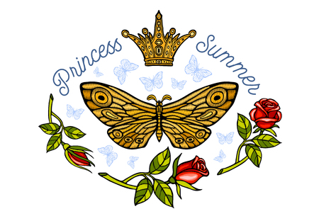 Golden crown, butterflies golden embroidery, vintage style roses, flight insect butterflies, wings textured, stripe. Princess Summer lettering, fashion design. Hand drawn vector illustration.のイラスト素材