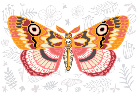 Night tropical moths hawkmoth on floral background, butterfly vector insect, vintage style, wings, flowers, skull, leaves. Hand drawn vector illustrationのイラスト素材