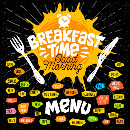 Breakfast time, good morning, fork, knife, menu. Lettering, labels logo sketch style craft pasta, vegan, tea, coffee desserts, yummy soup combo salad pastry. Hand drawn vector illustrationのイラスト素材