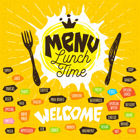 Lunch time fork knife menu. Lettering calligraphy logo sketch style light rays craft pasta, vegan, tea, coffee, desserts, yummy, milk, food, salad. Hand drawn vector illustration.のイラスト素材