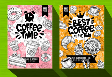 Modern cafe food poster menu template. Logo emblem sign lettering. Coffee time Best coffee. Coffee mug beans spoon crown. Pen ink sketch style hand drawn vector illustration.のイラスト素材