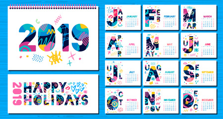 Wall Monthly Calendar template 2019.のイラスト素材